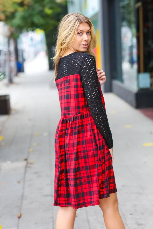 Red & Black Checker Plaid Eyelet Dress