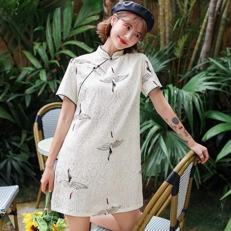 Red-crowned Crane Pattern Modern Cheongsam Mini Lace Dress