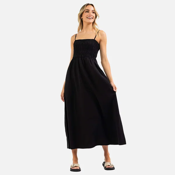 Rhythm Classic Shirred Midi Dress - Black