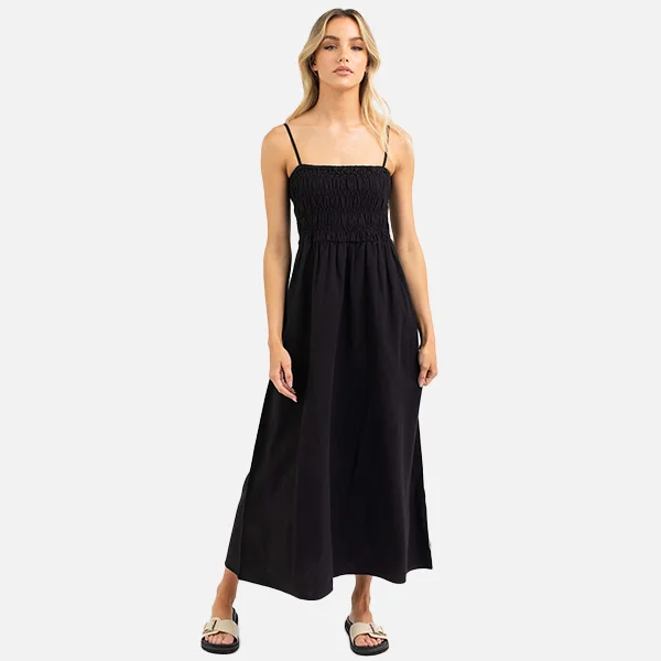 Rhythm Classic Shirred Midi Dress - Black