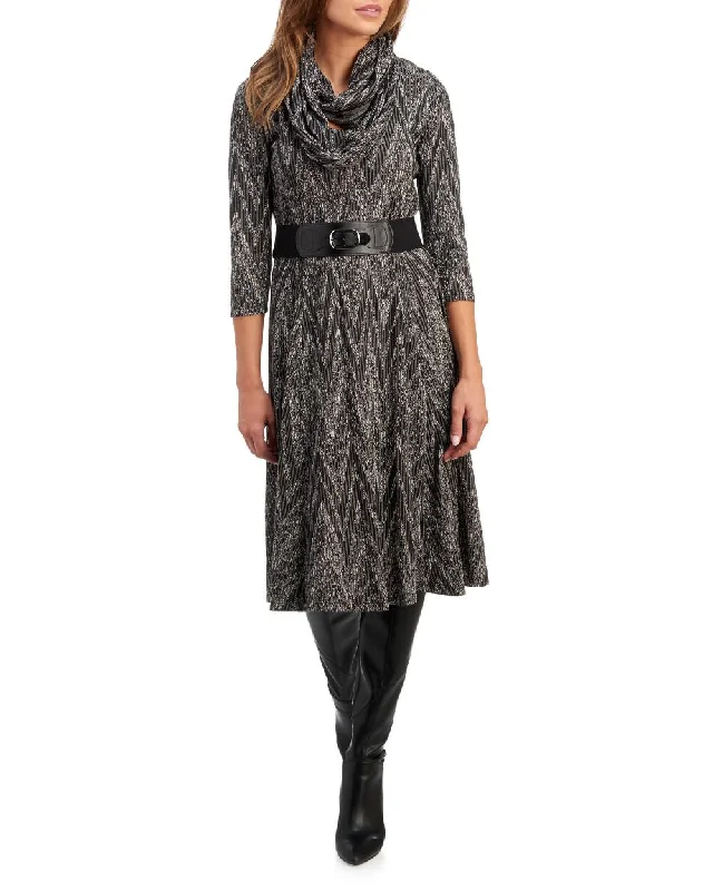 Robbie Bee Women's Printed Long Sleeve Cowl Neck MIDI Sheath Dress Gray Size Petite Medium