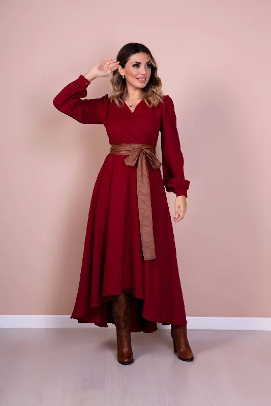 robe bordeaux à manches longues et coupe asymétrique dress REF:BRD-210-TABAKMR