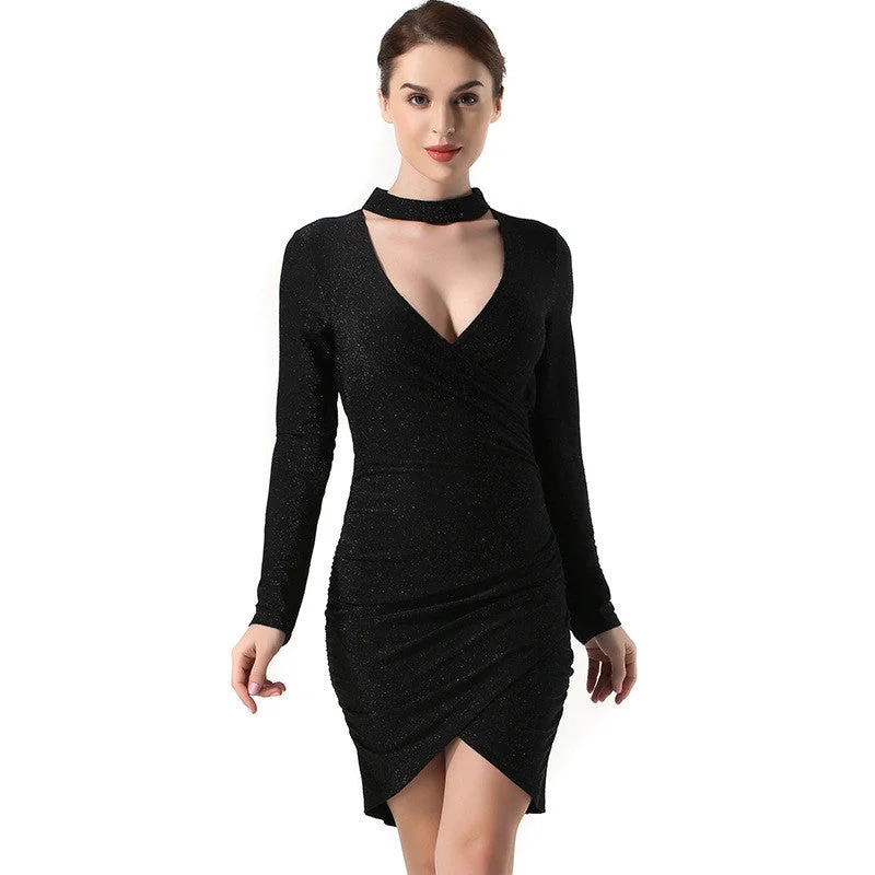 Sexy Deep V-neck Long Sleeve Irregular Slim Short Dress