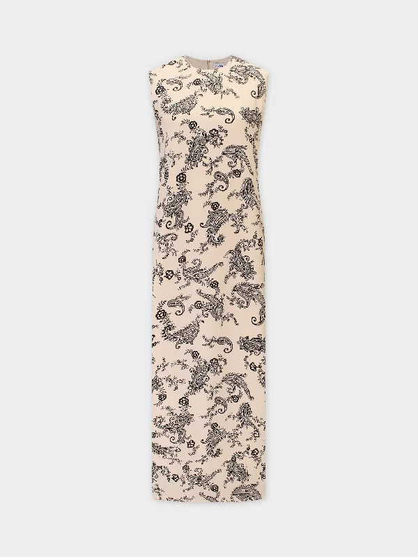 Sleeveless Crew Neck Dress-Bone Paisley