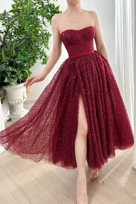 Strapless Corset Sweetheart Sequin Burgundy Dress with Slit