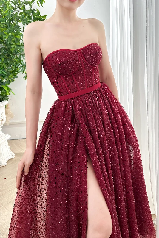 Strapless Corset Sweetheart Sequin Burgundy Dress with Slit