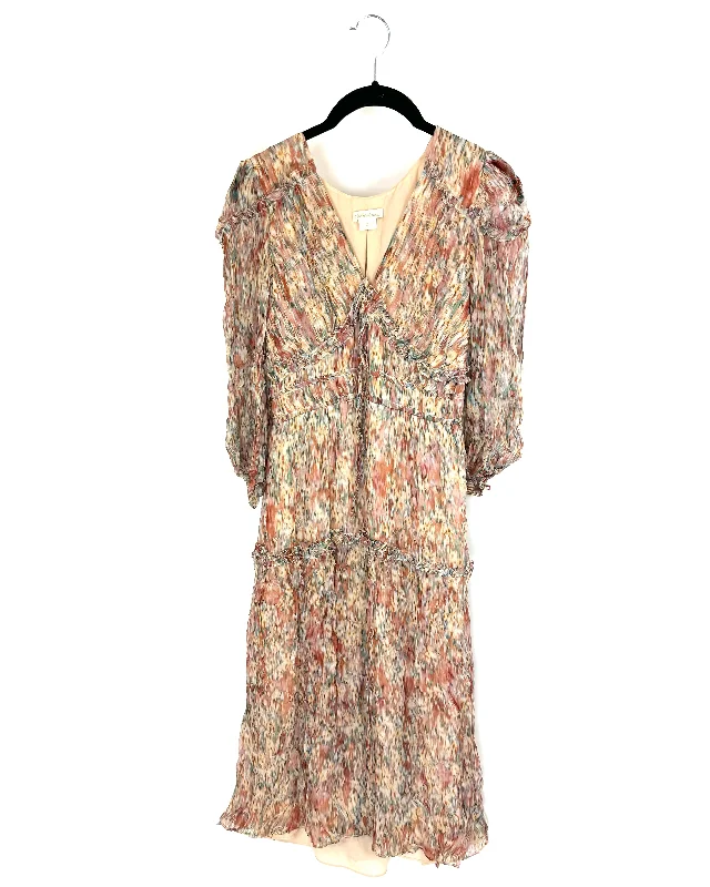 Tan Multicolored Watercolor Printed Dress - Size 2