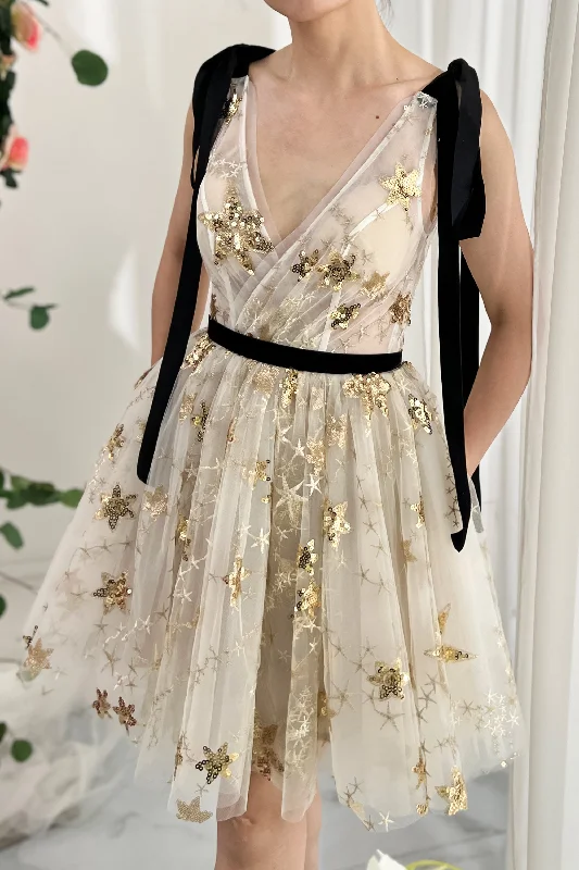 V Neck Gold Star Sequin Dress with Tie Straps