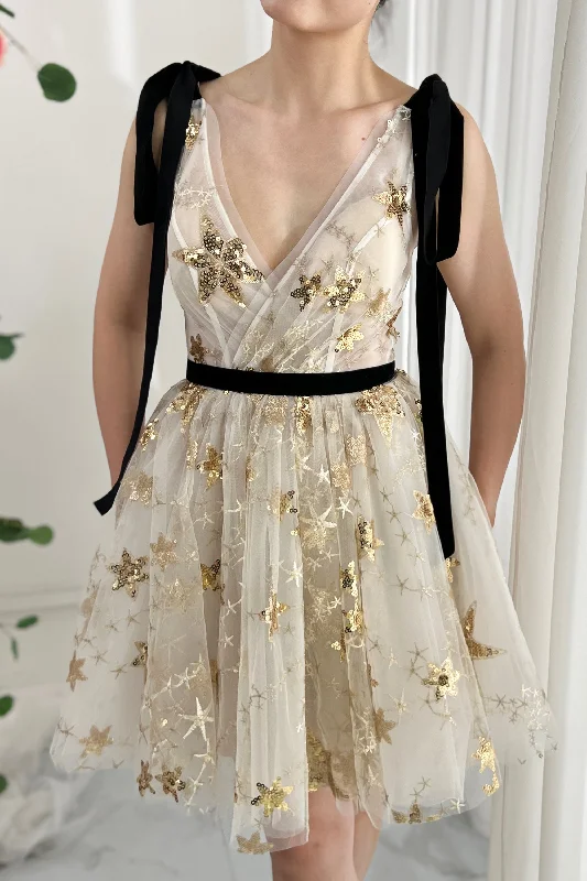 V Neck Gold Star Sequin Dress with Tie Straps