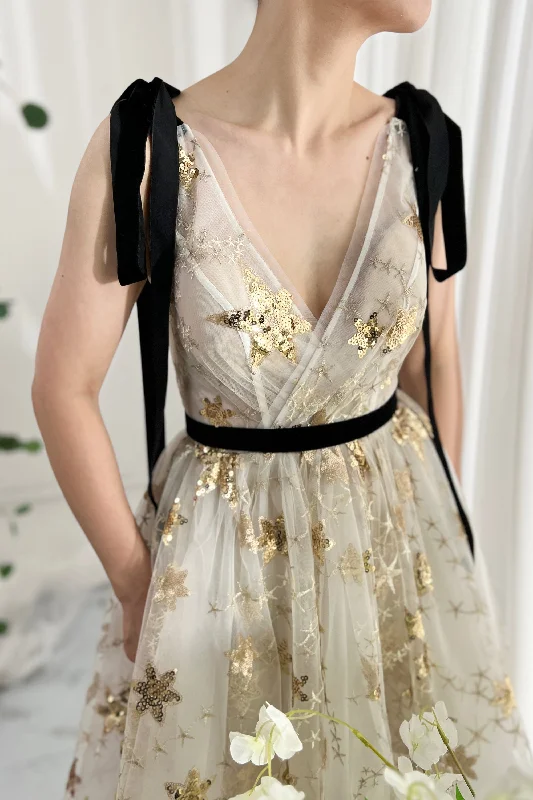 V Neck Gold Star Sequin Dress with Tie Straps