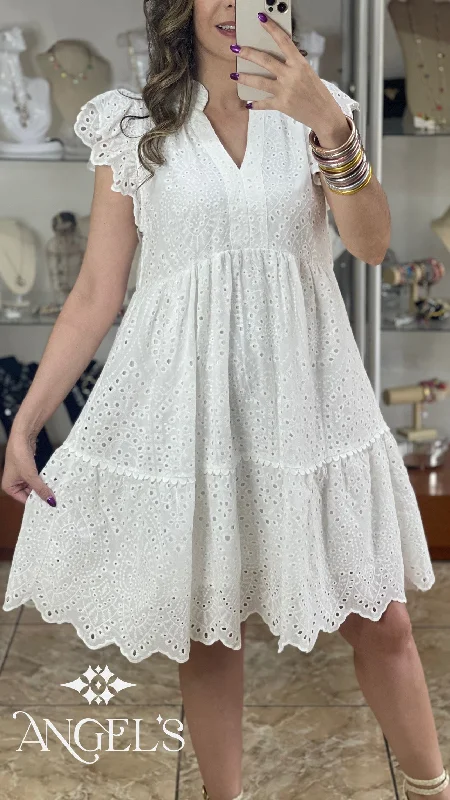 V-Neck Tiered Eyelet Dress