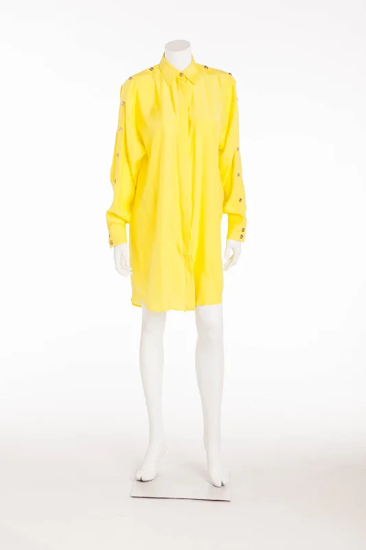 Versace  - Yellow Long Sleeve Silk Button Up Dress Shirt with Rose Gold Buttons on Sleeve - IT 42