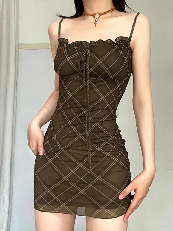 Vintage Plaid Drawstring Tie Mesh Halter Dress