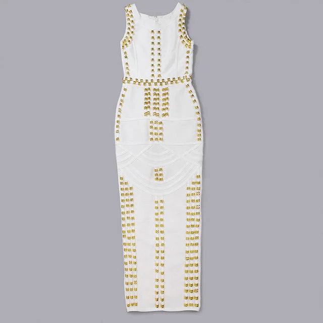 White Black Metal Ring Complex High Quality Kim Kardashian Madi Calf Long Bandage Dress