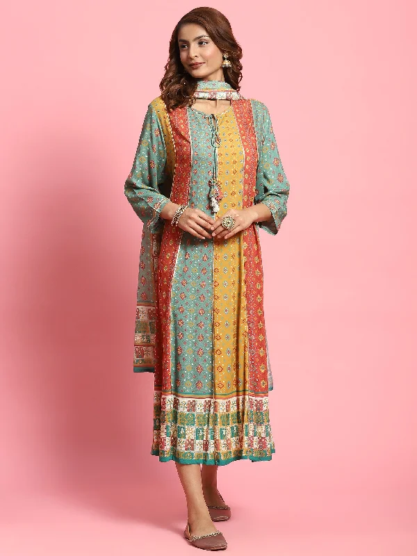 Women Multicolor Ornamental Printed Dress With Dupatta