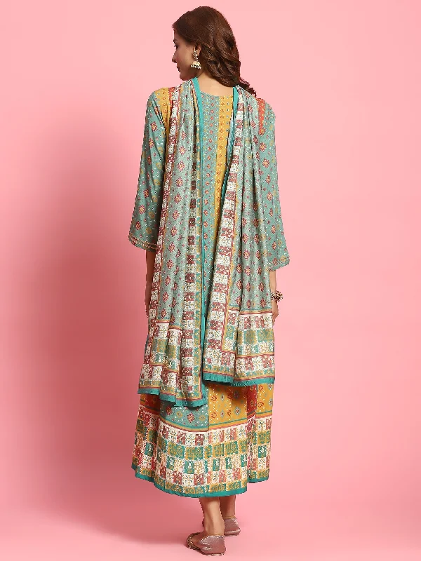 Women Multicolor Ornamental Printed Dress With Dupatta