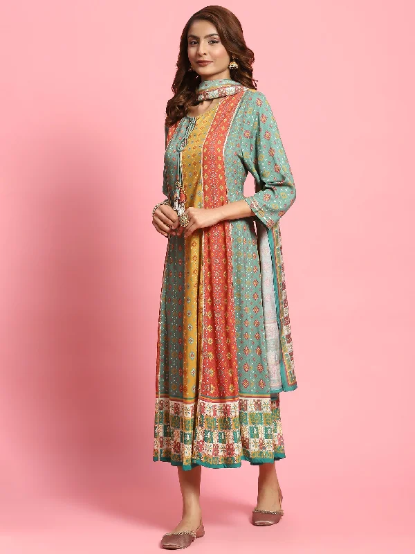 Women Multicolor Ornamental Printed Dress With Dupatta