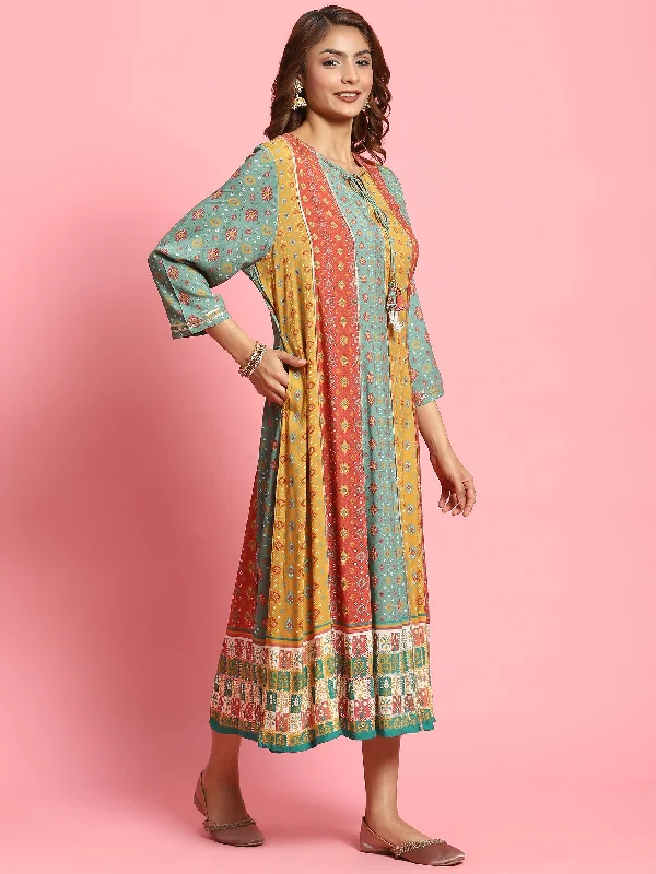 Women Multicolor Ornamental Printed Dress With Dupatta