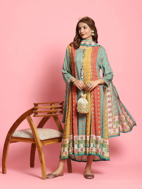 Women Multicolor Ornamental Printed Dress With Dupatta