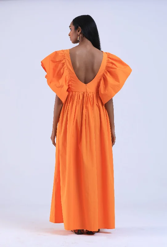 Women Orange Cotton V-Neck Ruffle Sleeve Dresses