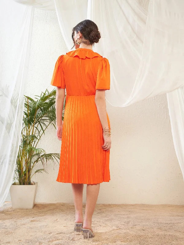 Women Orange Frill Neck Accordion Pleated Midi Dress