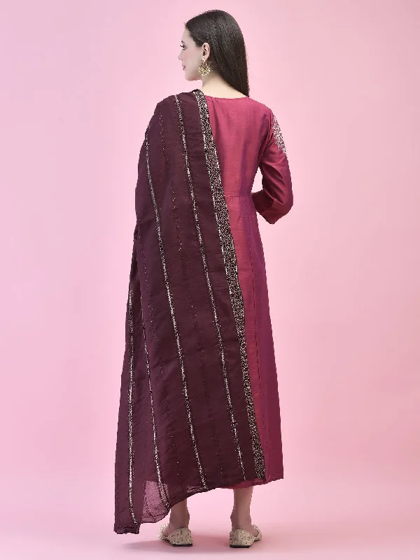 Women Poly Silk Burgundy Embroidered Dress With Dupatta