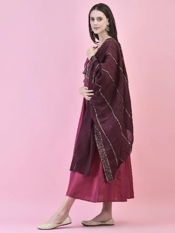 Women Poly Silk Burgundy Embroidered Dress With Dupatta