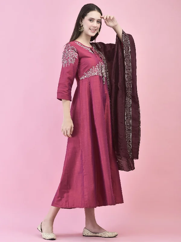 Women Poly Silk Burgundy Embroidered Dress With Dupatta