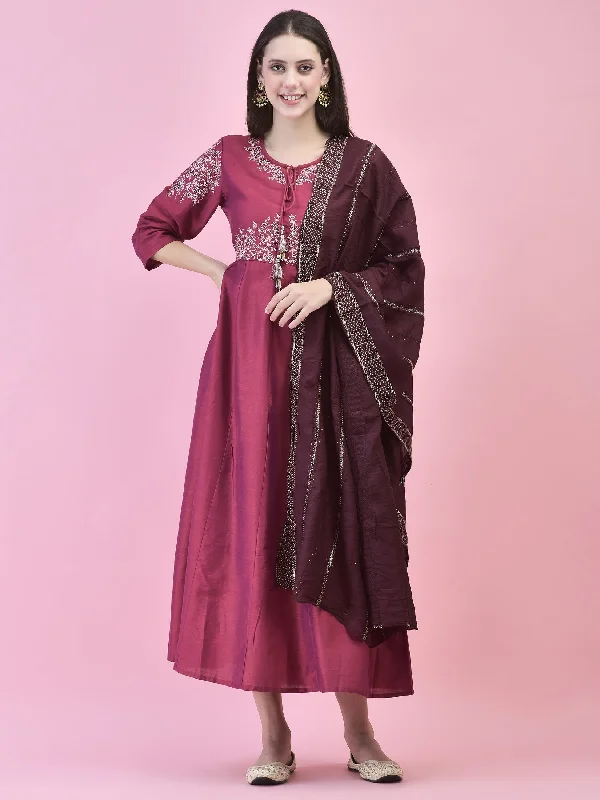 Women Poly Silk Burgundy Embroidered Dress With Dupatta