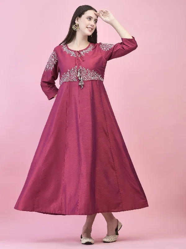 Women Poly Silk Burgundy Embroidered Dress With Dupatta