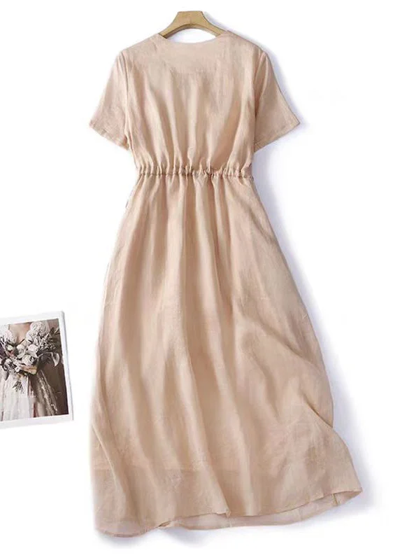 Women V Neck Lace Up Solid Linen Dress Summer GG040