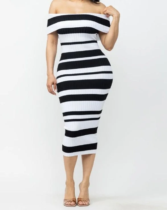 Women's Off Sholder Bodycon Ribbed Mixed Stripe Knit Midi Dress - HER23260