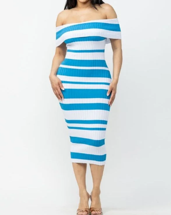 Women's Off Sholder Bodycon Ribbed Mixed Stripe Knit Midi Dress - HER23260