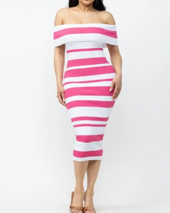 Women's Off Sholder Bodycon Ribbed Mixed Stripe Knit Midi Dress - HER23260