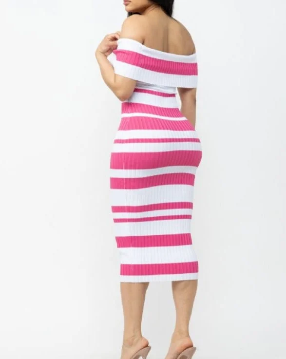 Women's Off Sholder Bodycon Ribbed Mixed Stripe Knit Midi Dress - HER23260