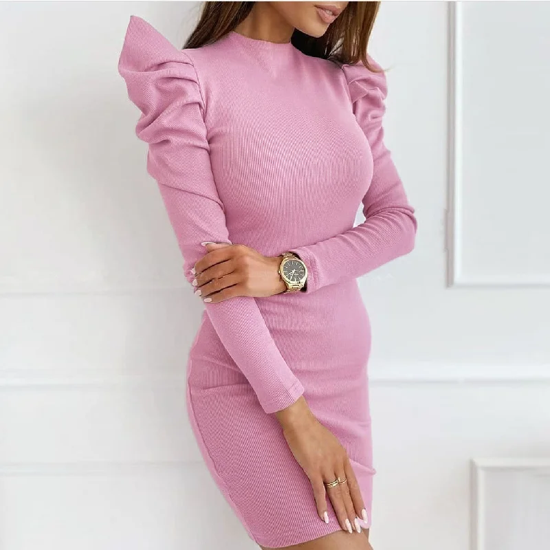 Women's Round Neck Puff Sleeve Solid Color Slim Sexy Dress