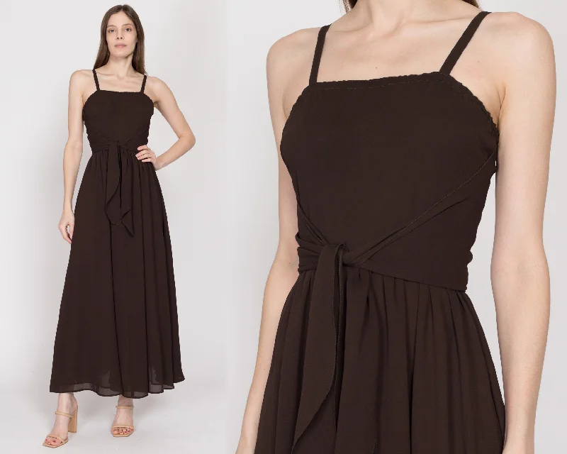 XS 70s Chocolate Brown Chiffon Tie Front Gown