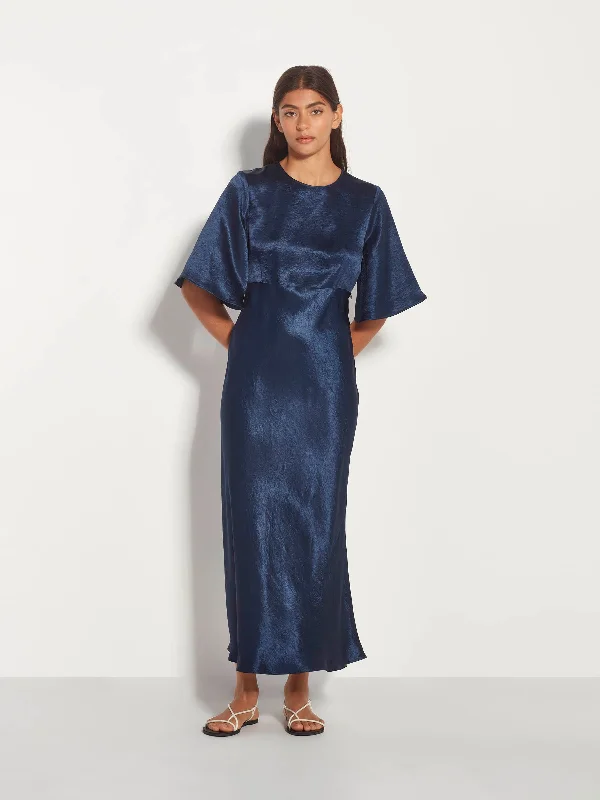 Lou Dress (Crushed Satin) Dark Sapphire