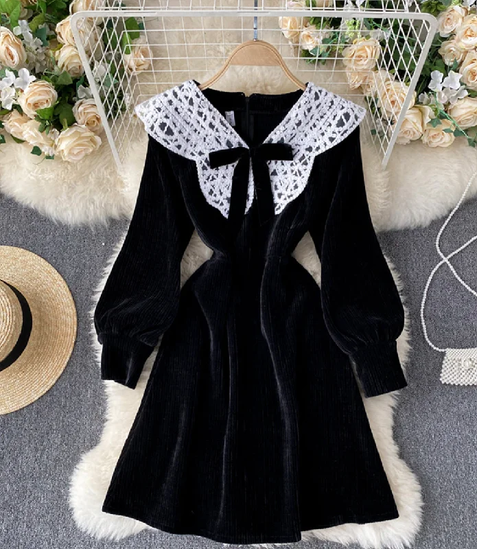 Lovely A line corduroy dress long sleeve lace dress  922